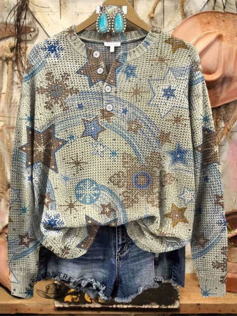Christmas Snowflake Art Print Henley Collar Sweater