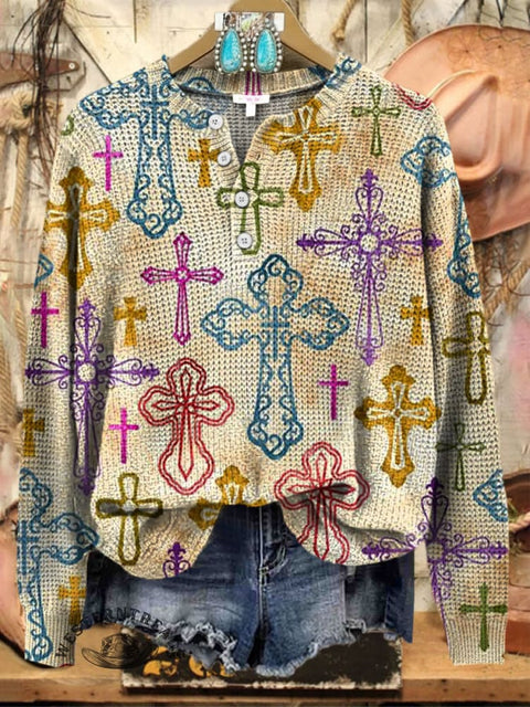 Christmas Cross Art Print Henley Collar Sweater