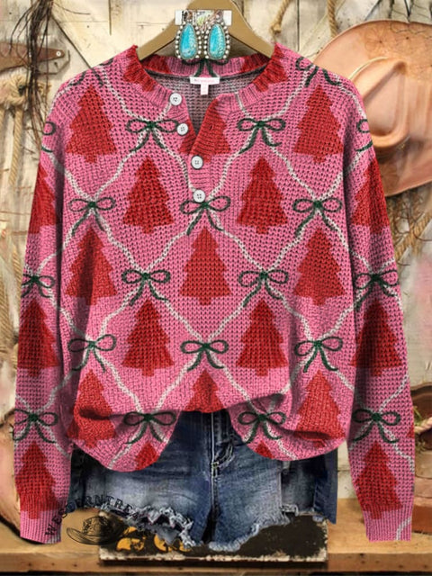 Christmas Tree Art Print Henley Collar Sweater