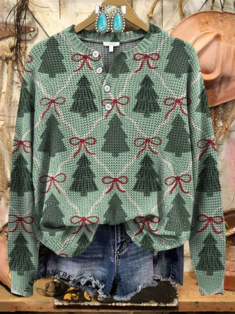 Christmas Tree Art Print Henley Collar Sweater