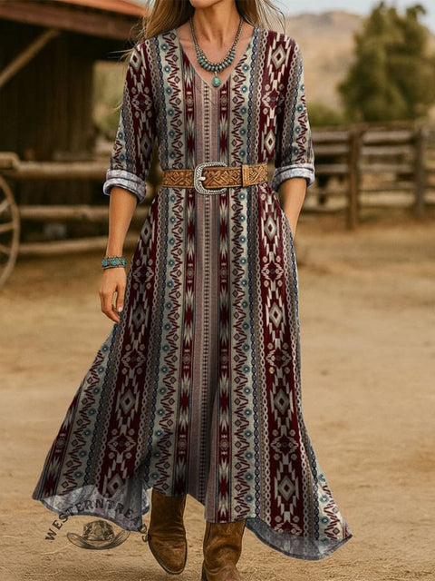 Women's Aztec Vertical Stripes Print Cotton Pocket Dress