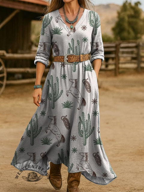 Women's Cactus and Horse Print Cotton Pocket Dress