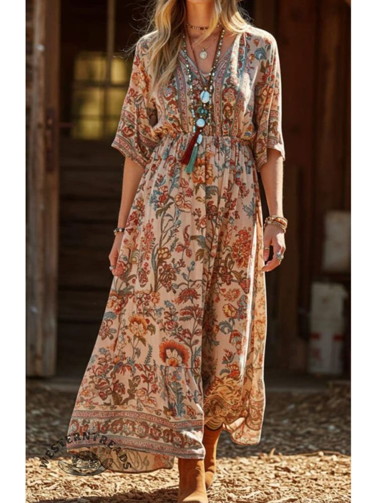 Women's Vintage Floral Print Cotton Dress