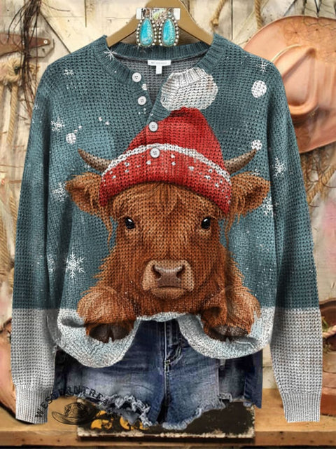Christmas Highland Cow Print Henley Collar Sweater