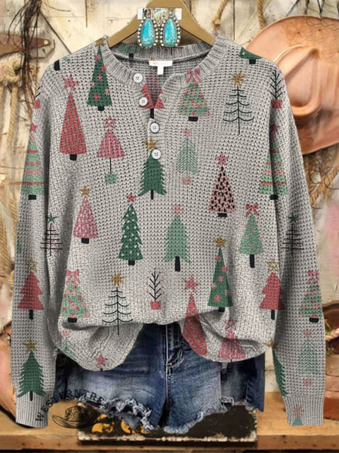 Christmas Tree Print Henley Collar Sweater