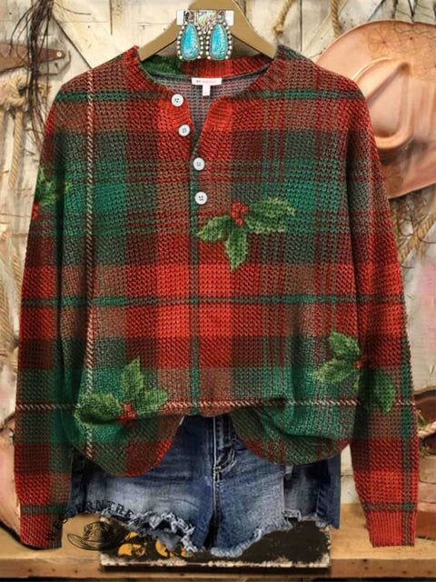 Christmas Plaid Print Henley Collar Sweater