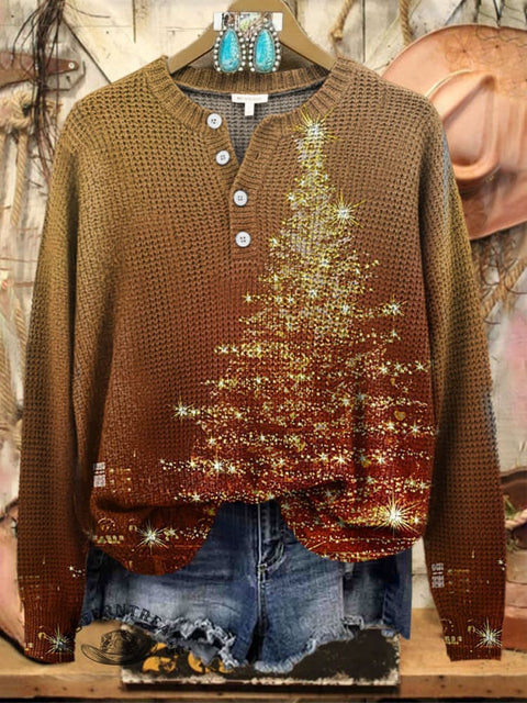 Christmas Tree Print Henley Collar Sweater