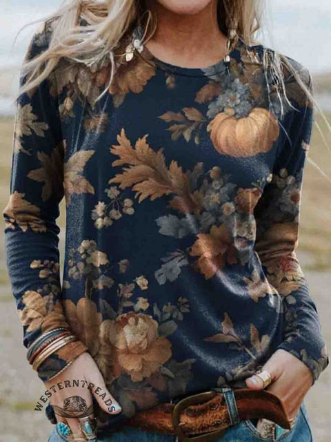 Women's Pumpkins and Floral Print Casual Cotton T Shirt