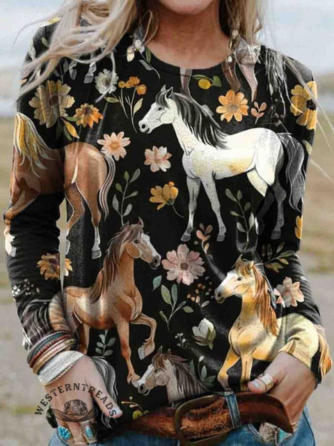 Women's Horse and Floral Print Casual Cotton T Shirt