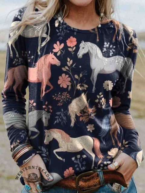 Women's Horse and Floral Print Casual Cotton T Shirt