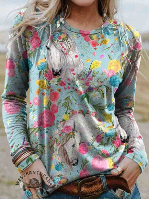Women's Horse and Floral Print Casual Cotton T Shirt
