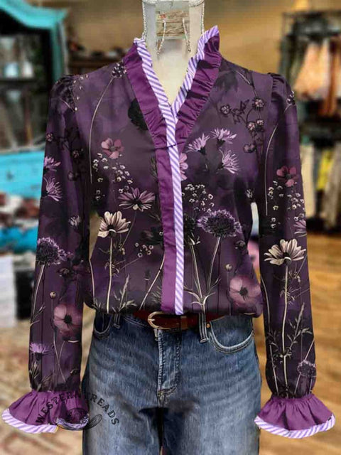 Women's Floral Print Casual Cotton Ruffled Shirt