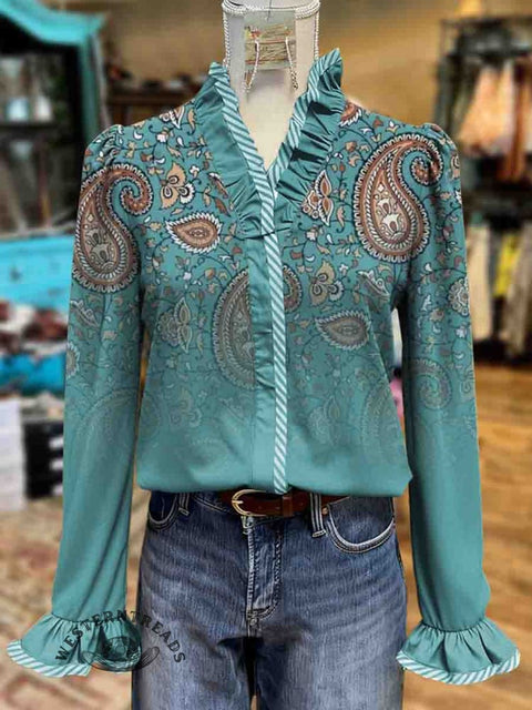 Women's Paisley Print Casual Cotton Ruffled Shirt