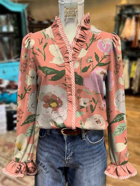 Women's Floral Print Casual Cotton Ruffled Shirt