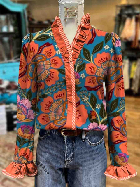 Women's Floral Print Casual Cotton Ruffled Shirt