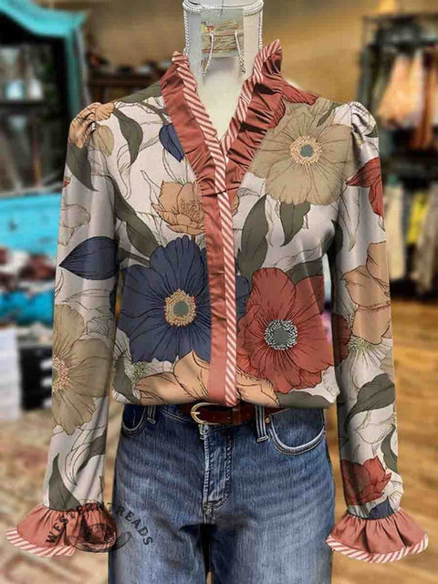 Women's Floral Print Casual Cotton Ruffled Shirt