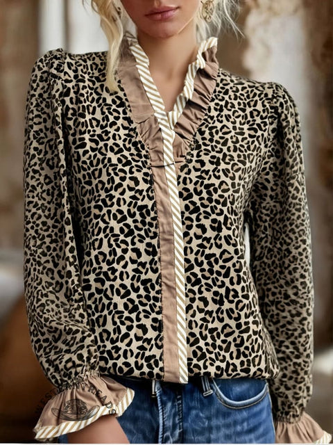 Women's Leopard Print Casual Cotton Ruffled Shirt