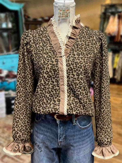Women's Leopard Print Casual Cotton Ruffled Shirt