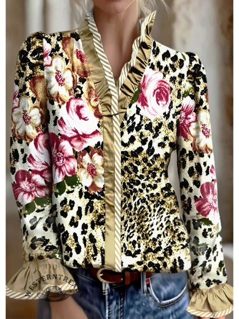 Women's Leopard and Santa Claus Print Casual Cotton Ruffled Shirt