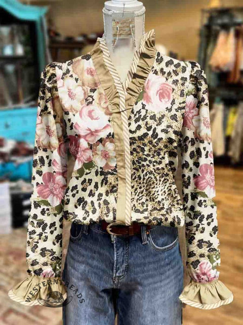 Women's Leopard and Santa Claus Print Casual Cotton Ruffled Shirt