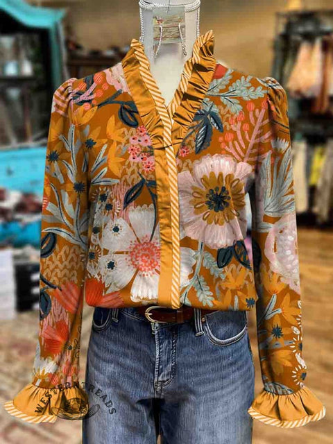Women's Floral Print Casual Cotton Ruffled Shirt