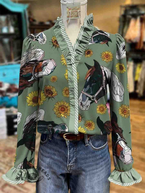 Women's Western Horse and Sunflowers Print Casual Cotton Ruffled Shirt