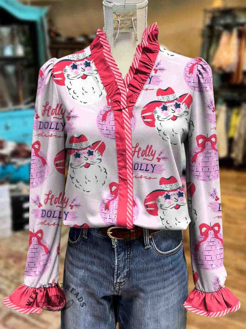 Women's Western Santa Claus Print Casual Cotton Ruffled Shirt