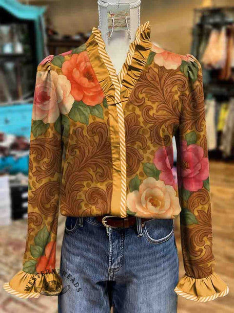 Women's Floral Print Casual Cotton Ruffled Shirt