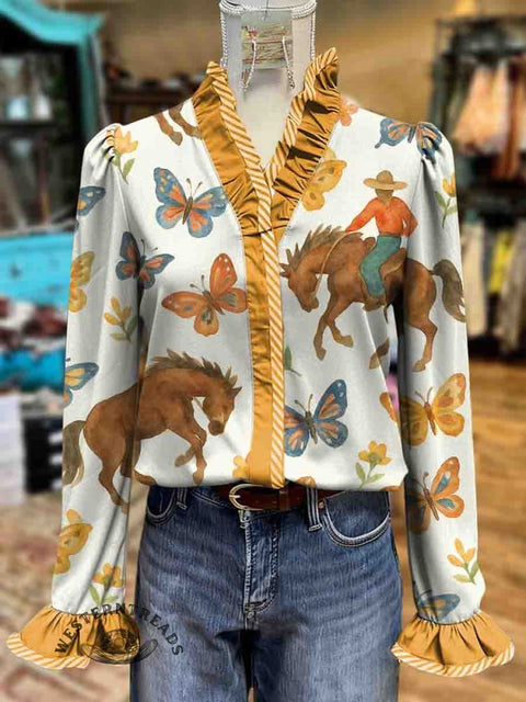 Women's Western Horse Print Casual Cotton Ruffled Shirt