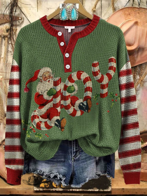 Cute Santa Claus Print Henry Collar Sweater
