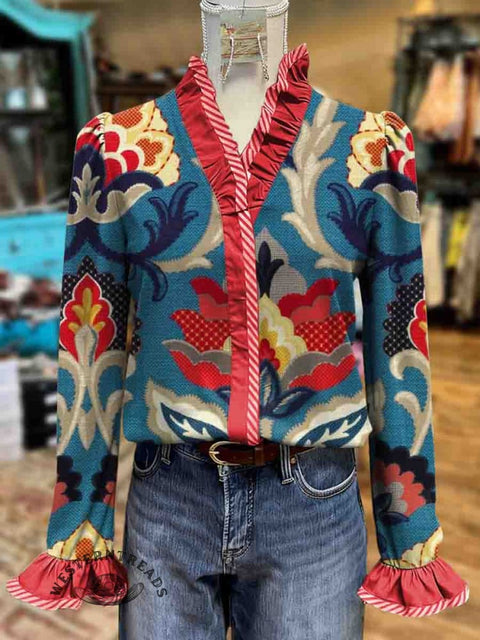 Women's Floral Print Casual Cotton Ruffle Shirt