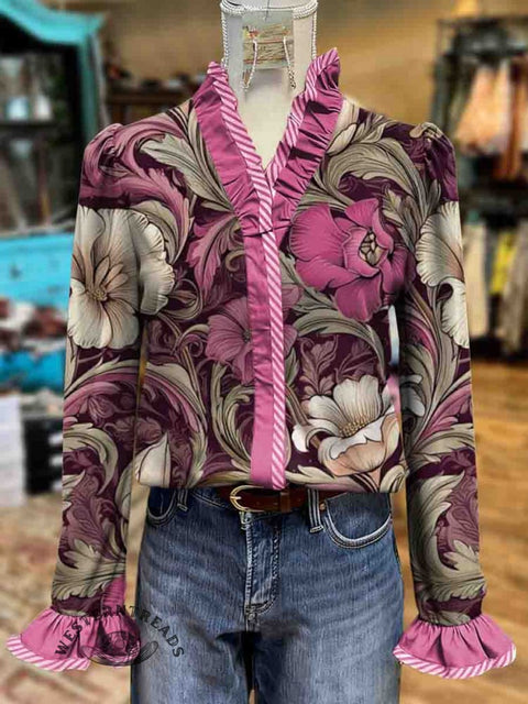 Women's Floral Print Casual Cotton Ruffle Shirt