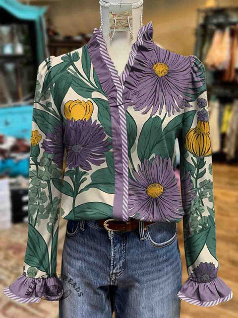 Women's Floral Print Casual Cotton Ruffle Shirt