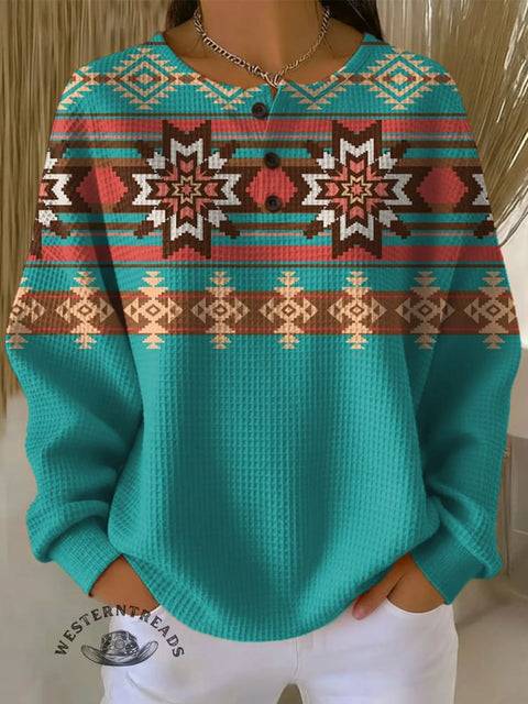 Aztec Print Casual Waffle Henley Neck Sweatshirt