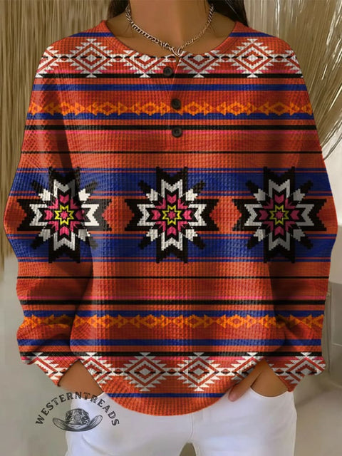 Aztec Print Casual Waffle Henley Neck Sweatshirt
