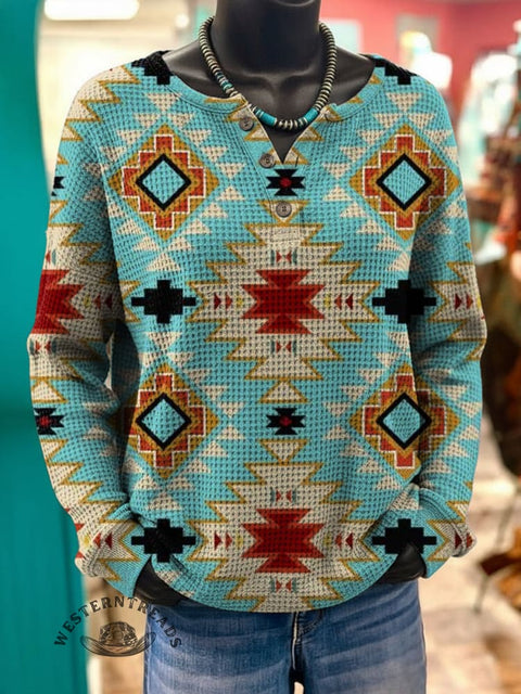 Aztec Print Casual Waffle Henley Neck Sweatshirt