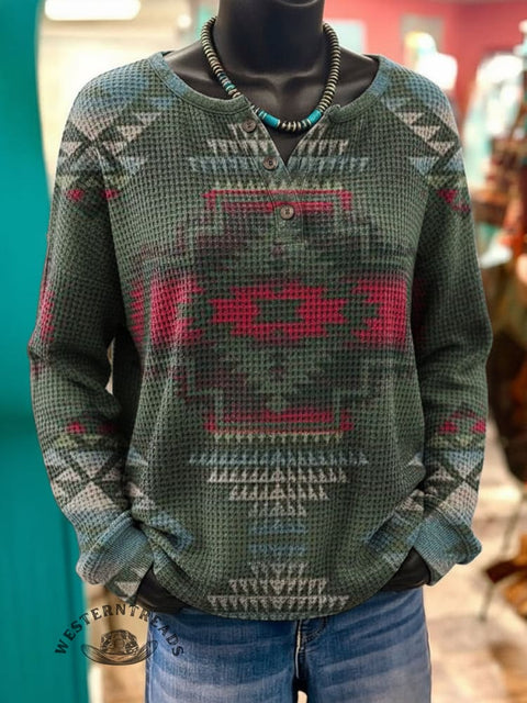 Aztec Print Casual Waffle Henley Neck Sweatshirt