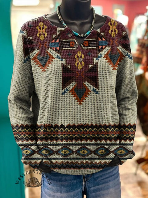 Aztec Print Casual Waffle Henley Neck Sweatshirt