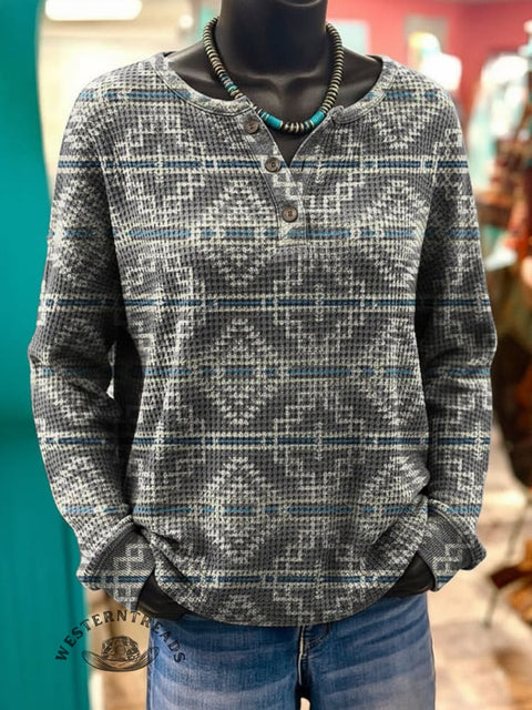 Aztec Print Casual Waffle Henley Neck Sweatshirt