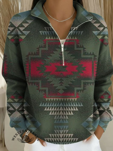 Aztec Print Casual Long Sleeve Zip Sweatshirt
