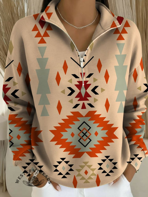 Aztec Print Casual Long Sleeve Zip Sweatshirt