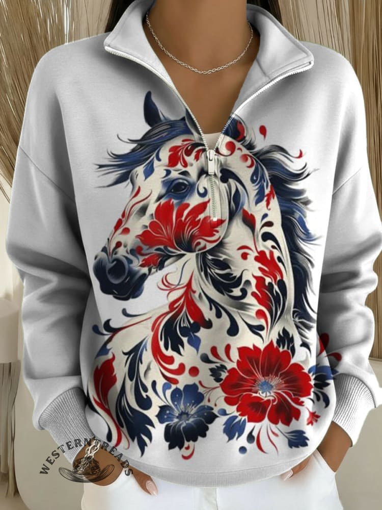 Horse Art Print Casual Long Sleeve Zip Sweatshirt