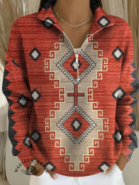 Aztec Print Casual Long Sleeve Zip Sweatshirt