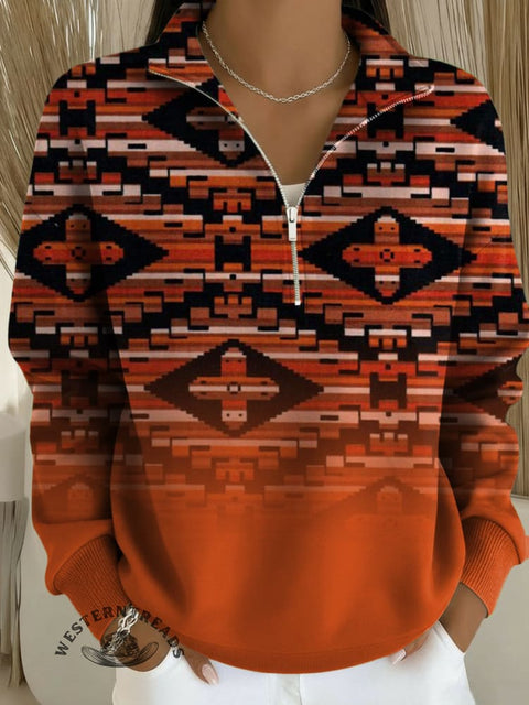 Aztec Print Casual Long Sleeve Zip Sweatshirt