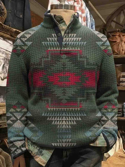 Men's Waffle Aztec Art Print Casual Henley Top