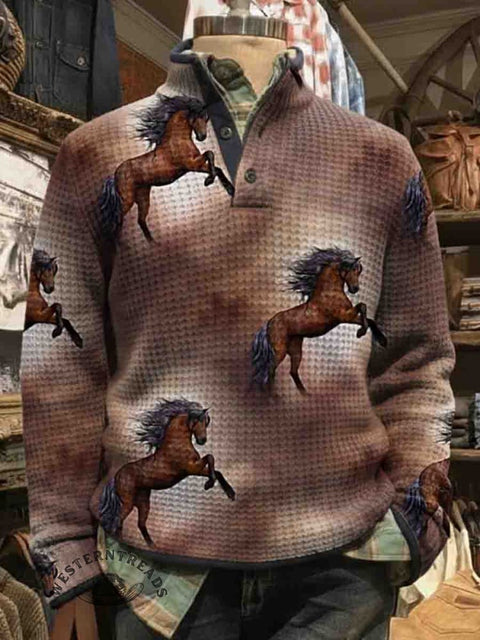 Men's Waffle Horse Art Print Casual Henley Top