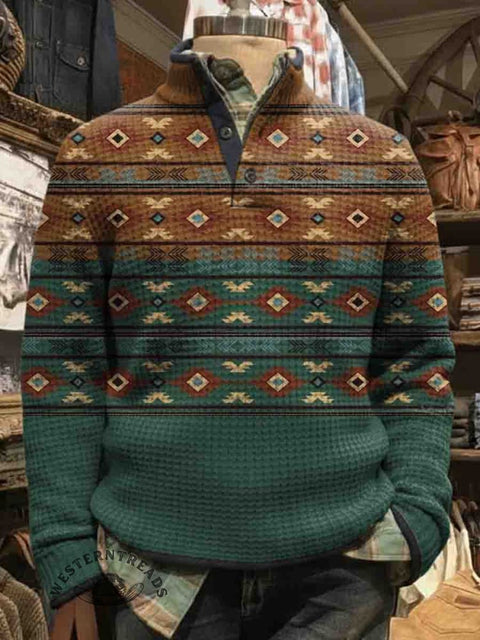 Men's Waffle Aztec Art Print Casual Henley Top