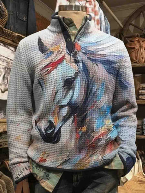 Men's Waffle Horse Art Print Casual Henley Top