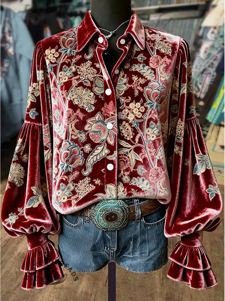 Women's Vintage Floral Print Lantern Sleeve Velvet Top