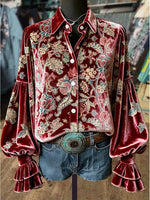 Women's Vintage Floral Print Lantern Sleeve Velvet Top